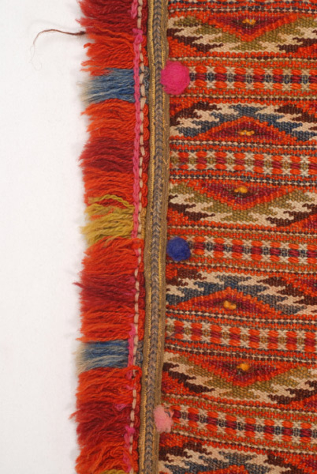 Edges of the apron, detail of the applique decoration with gold cordons, woollen coloured tassels and fringes