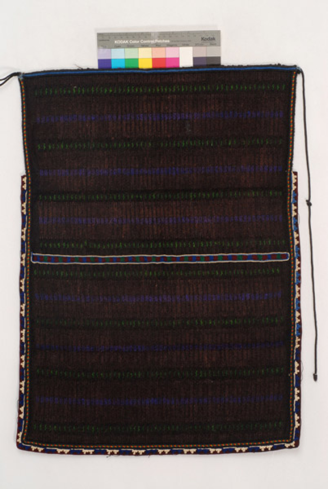 Woollen woven dark coloured apron with horizontal embellished stripes in purple and green colour