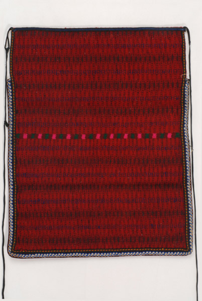 Woollen woven apron in crimson colour with horizontal embellished stripes