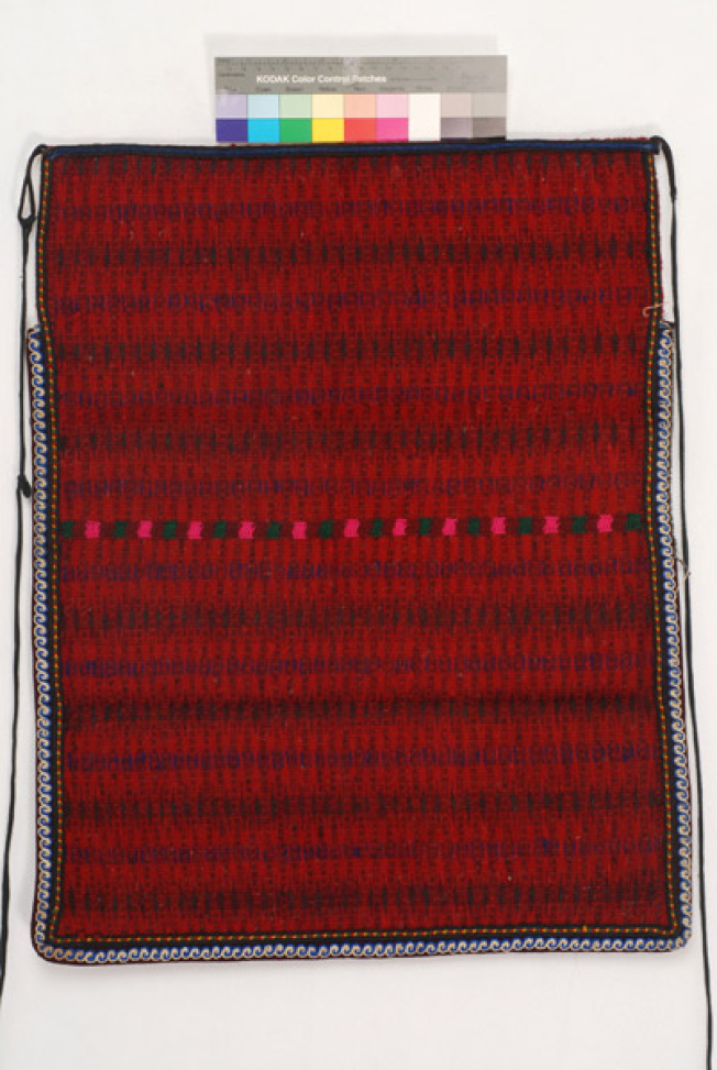Woollen woven apron in crimson colour with horizontal embellished stripes