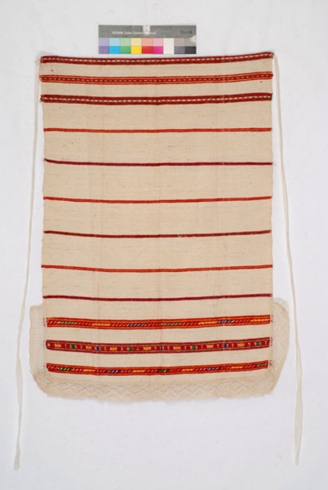Striped cotton apron with ksombliasta (embroidered) geometric motifs for everyday use. Megara, Attica