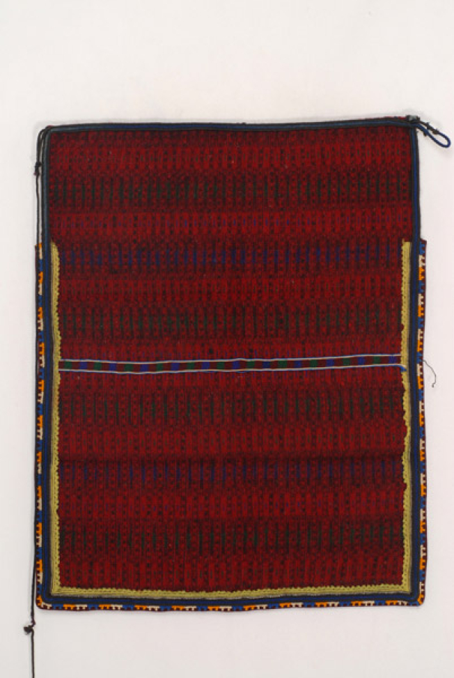 Woollen woven apron in crimson colour with horizontal embellished stripes
