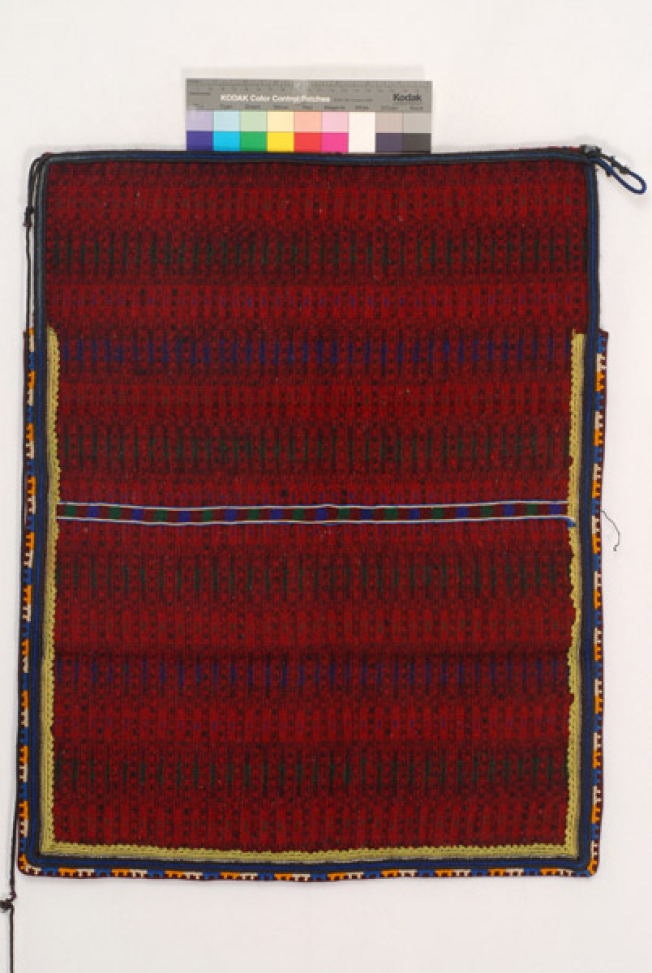 Woollen woven apron in crimson colour with horizontal embellished stripes