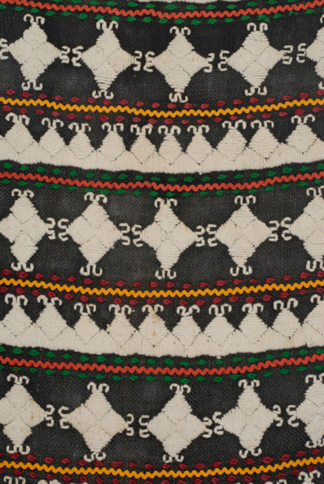 Detail of the horizontal decoration with bapka, motifs with flat stitch and applique braids