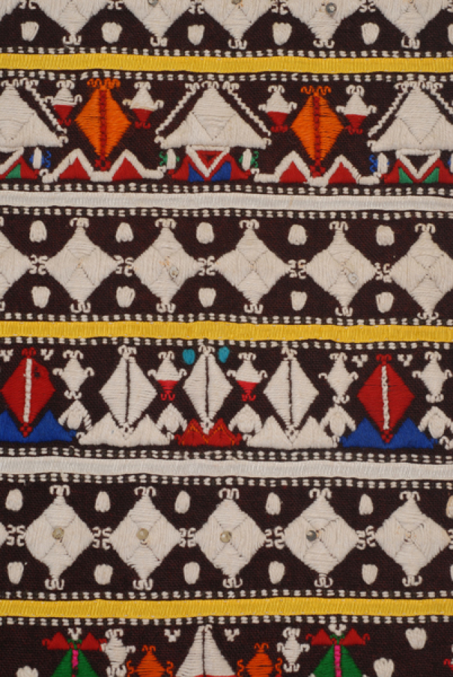 Detail of the horizontal decoration with bapka, motifs with flat stitch, applique fillets and spangles