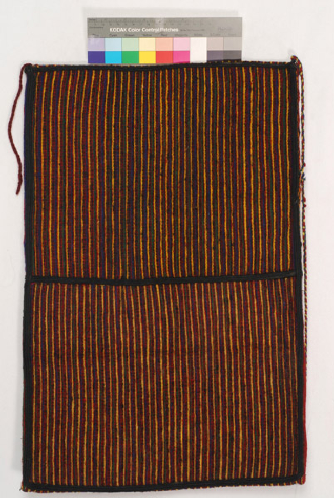 Woollen woven fulled apron with embellished vertical coloured stripes