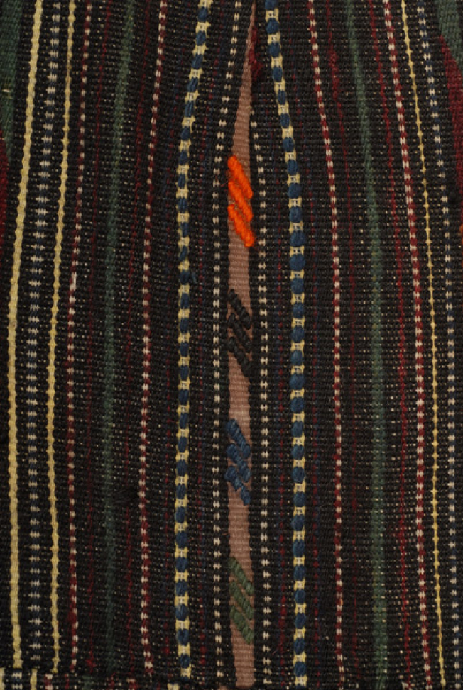 Detail of the embellished decoration with vertical band-shaped patterns with dark coloured geometrical motifs (side parallelograms)
