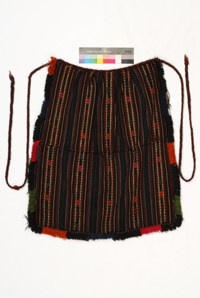 Poal woollen thich-woven apron with embellished linear and geometrical motifs