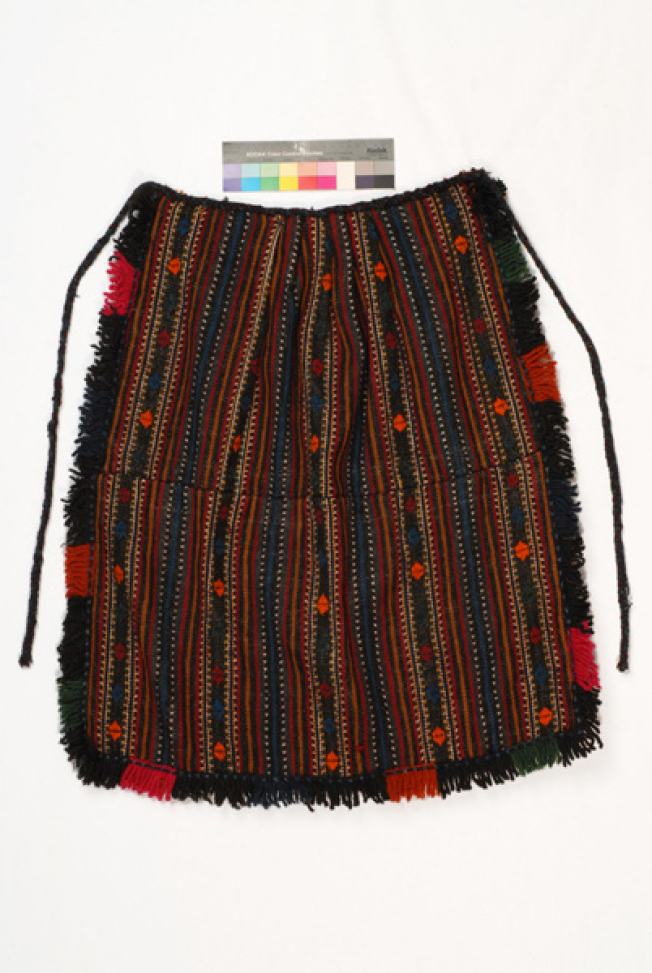 Poal woollen thich-woven apron with embellished linear and geometrical motifs