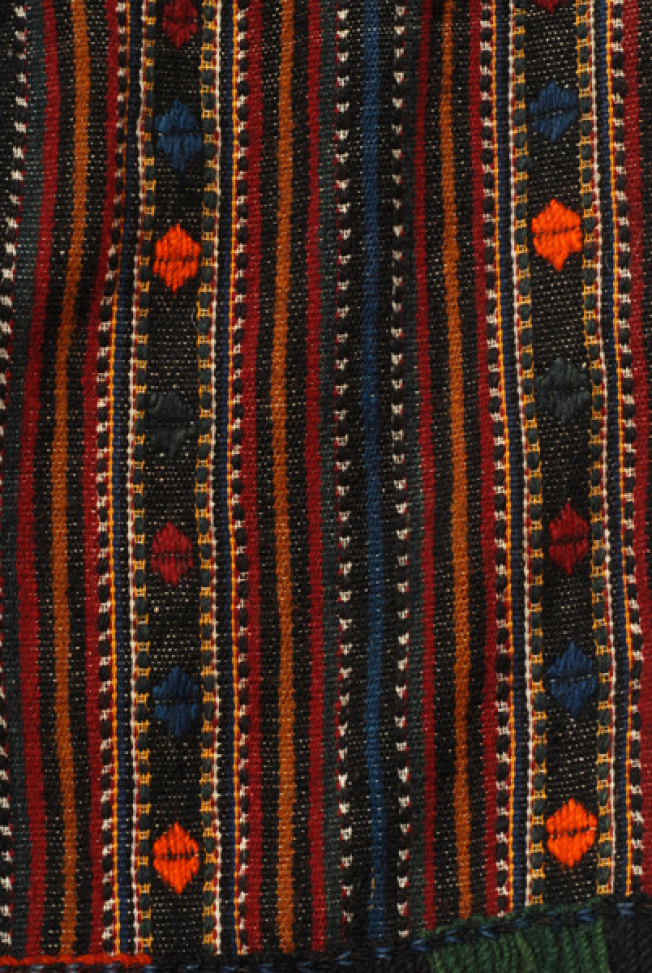Detail of the embellished decoration with vertical band shaped patterns with coloured specular triangles