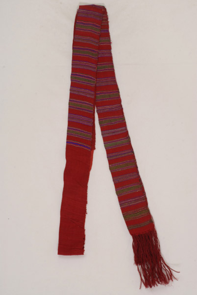Kademi, red woven silk sash with embellished silk and gold stripes 