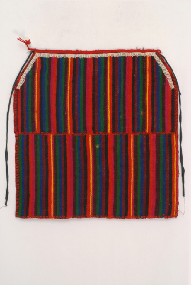 Woollen woven apron with embellished vertical stripes in intense colours