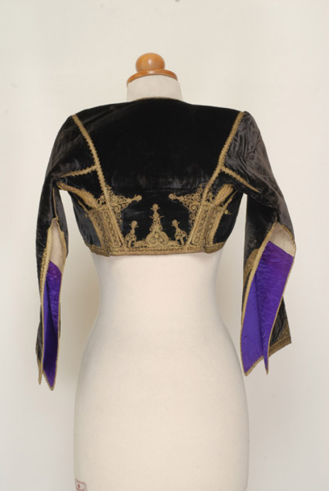 Kamizoli, velvet gold embroidered sleeved jacket, back