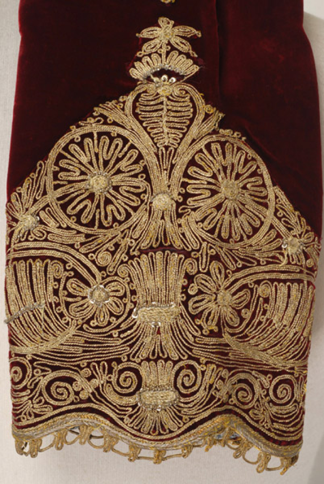 Sleeve, detail of the gold embroidered decoration
