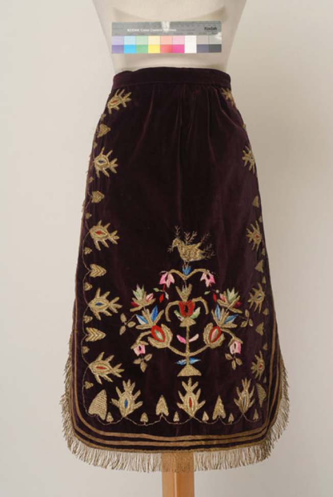 Velvet apron embroidered at the frame with gold thread and colourful silk threads