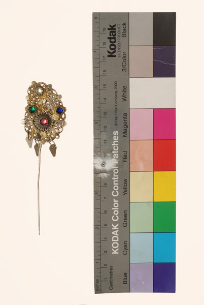 Gilded xelitsi, forehead ornament crafted with wiry technique, decorated with multicoloured glass stones and coins 