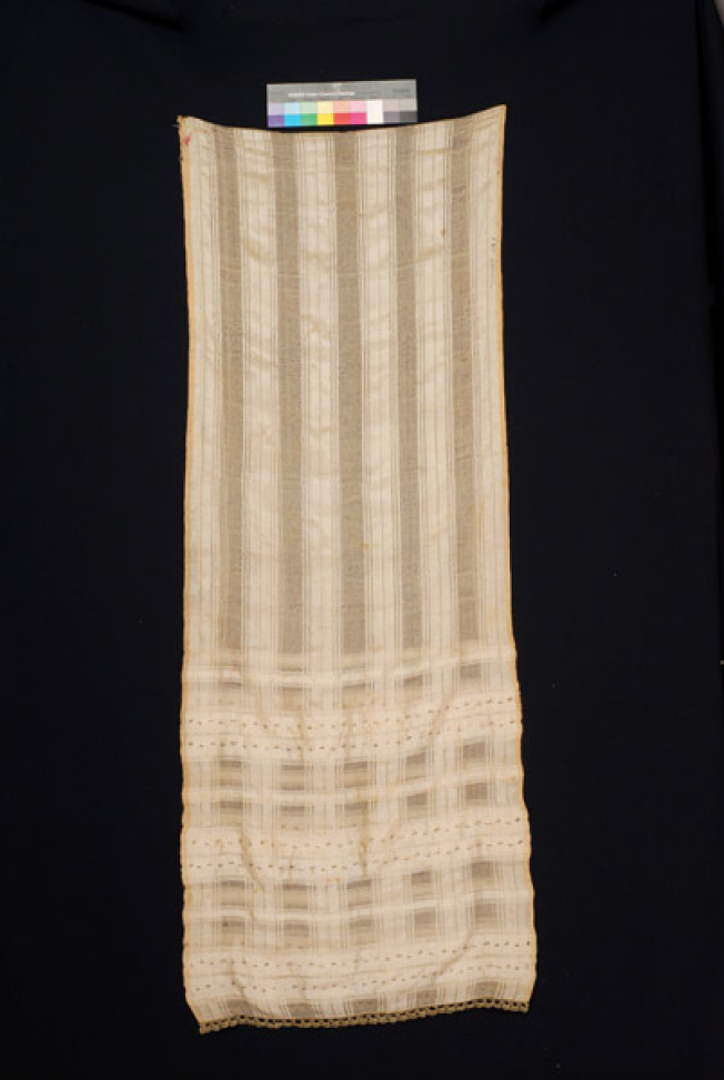 Silk bridal bolia (head kerchief) with embellished striped decoration. Edging with gold lacework crafted with embroidery needle