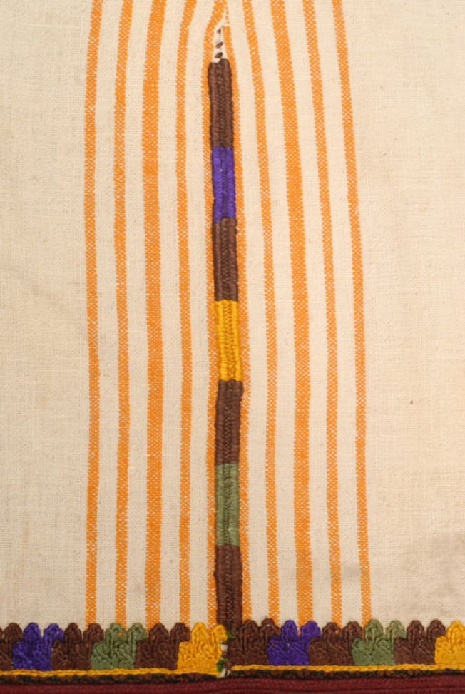 Detail of the embroidered decoration at the border, back panel: a horizontal band at the border and a vertical one at the panel joint
