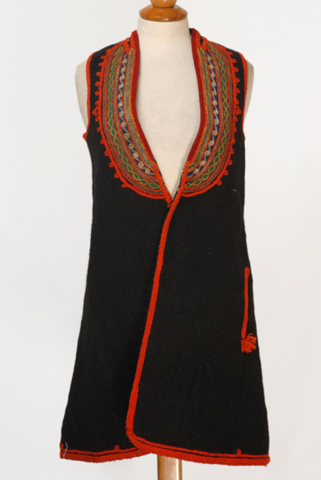 Woollen sigouna, sleeveless overcoat made of saddle blanket decorated with woollen, orange seradia and gold and silver cordons