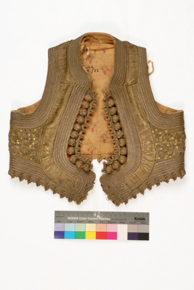 Sleeveless jacket ornamented with terzidiko gold embroidery and applique elements