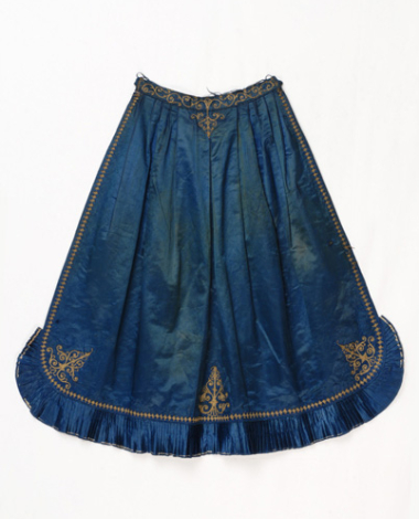 Festive apron made of blue satin fabric gold embroidered decoration