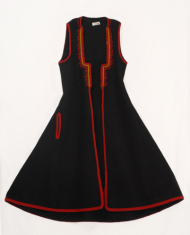 Woollen sigouna, sleeveless overcoat made of black saddle blanket decorated with colourful, woollen cordons 