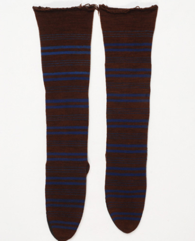 Pair of knitted woollen socks with horizontal stripes and bands