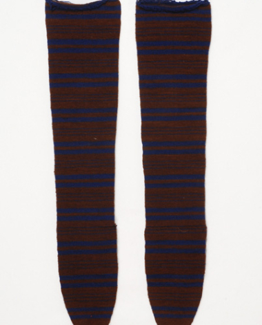 Pair of knitted woollen socks with horizontal stripes and bands