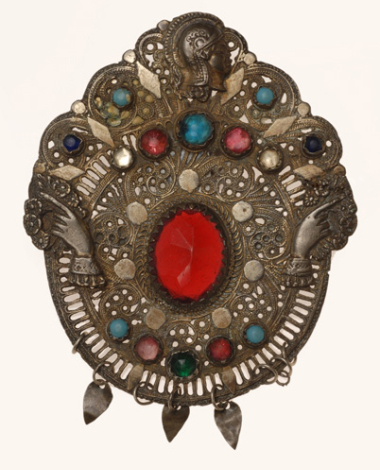 Tzakos pin, filigree pin decorated with colourful glass stones, turquoise and featuring Goddess Athina's shapely head at the top