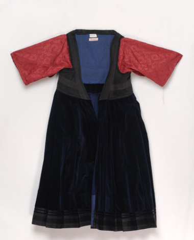 Foustani (dress) made of blue velvet fabric ornamented with karelisia embroideries (multicoloured stitches)