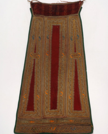 Karagounian bridal apron made of crimson felt, embroidered with white and gold cordons and a few silk outres (silk braids)