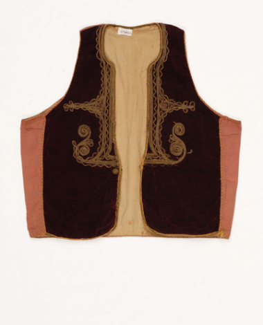 Gileki, velvet-and-cotton sleeveless jacket, part of the children's foustanella outfit named after Ion Dragoumis