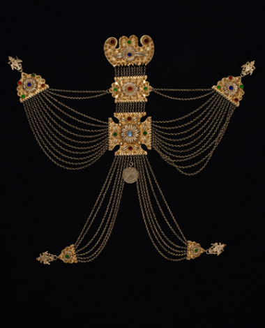 Double kousteki, chain gilt filigree torso ornament decorated with colourful stones