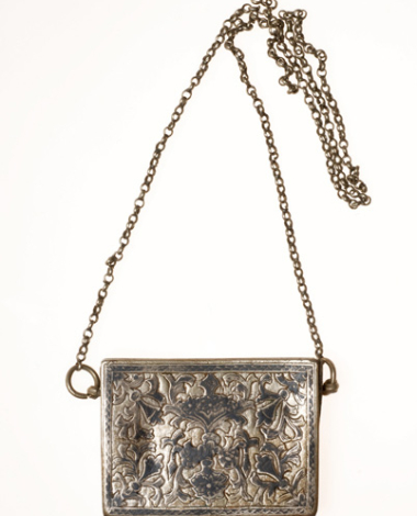 Silver case crafted with black savat (type of enamel), with the typical modern greek motif of the flower pot with stems and tulips