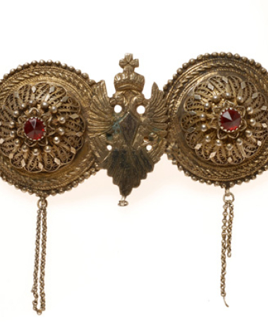 Tsapraki, gold plated pectoral ornament decorated with wiry technique and red, glass plates