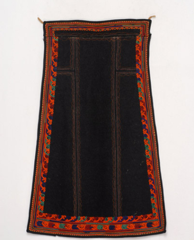 Skoutisia (woollen) apron in black colour, embroidered with multicoloured outres (silk braids)