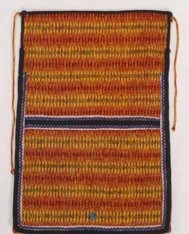 Woollen woven apron in yellow colour with embellished vertical stripes with stylized motifs in red and black colour