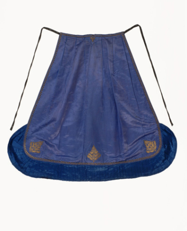 Festive apron made of purple satin fabric with gold embroidered decoration