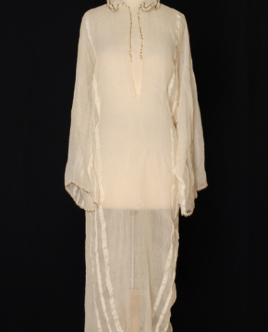 Selvage edged silk chemise decorated at the collar with bibila (crocheted lace) and spangles secured with tir-tir (lustring) 