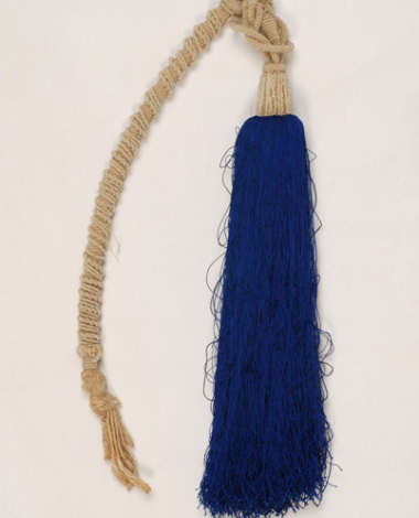 Papazi, long knitted tarboosh cord with pearl beads that ends in a long blue silk tassel