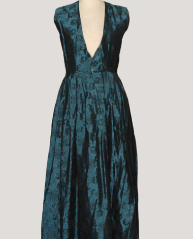 Amalia type foustani (dress) made of satin in peacock blue with embellished flower motifs