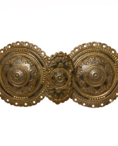 Tsapraki, gold plated pectoral ormanent with an engraved decoration filled with black savati (enamel)