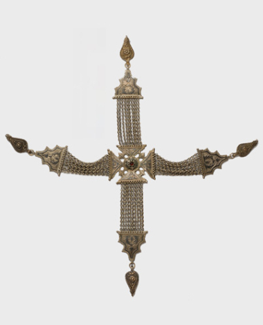 Crossed kiousteki, silver chained torso ornament crafted with the savati (enamel) technique 