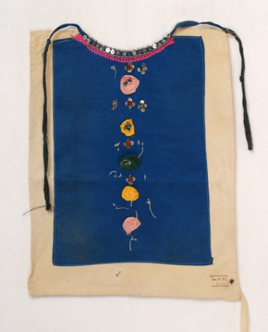 Plastron, pectoral accessory of the women's costume from Antartiko, ornamented with coloured rosettes, spangles and beads