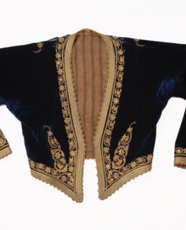 <i>Kondogouni</i>, velvet, sleeved jacket ornamented with terzidiko gold embroidery crafted with tir-tir (lustring)