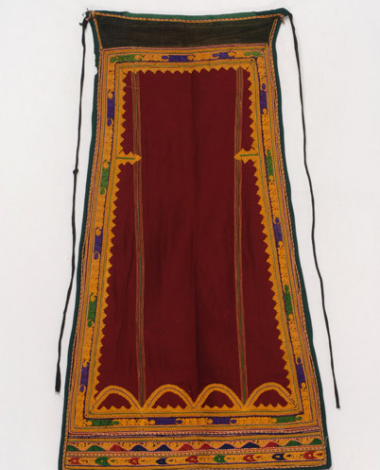 Outradhenia karagounian apron made of crimson felt, embroidered with multicoloured outres (silk braids)