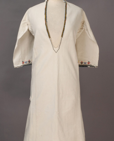 White cotton woven, embroidered with woollen and cotton coloured threads