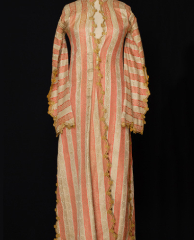 Anteri, long sleeved silk dress with stripes in beige and pink colour with gold embroidered decoration