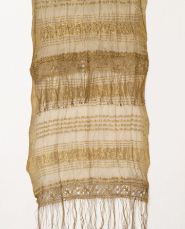 Silk bolia with embellished gold stripes and applique decoration with gold lace kopaneli (bobbinet)