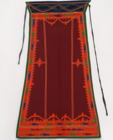Outradhenia karagounian apron made of crimson felt, embroidered with multicoloured outres (silk braids)
